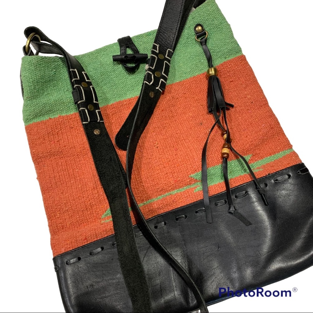 Anthropologie Woven Carpet Bag Black Leather Trim Crossbody Bag Kilim Bag